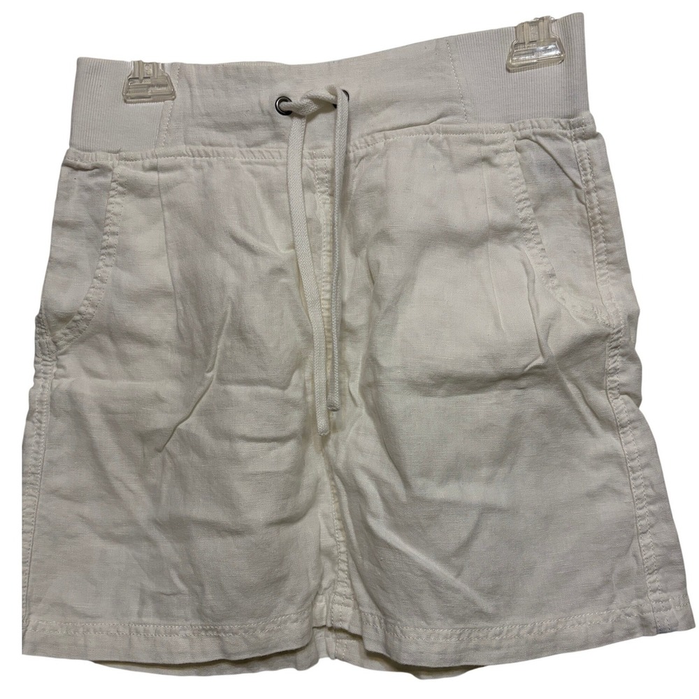 Athleta White 100% Linen Mini Skirt Drawstring Ribbed Waist Pockets Size 4